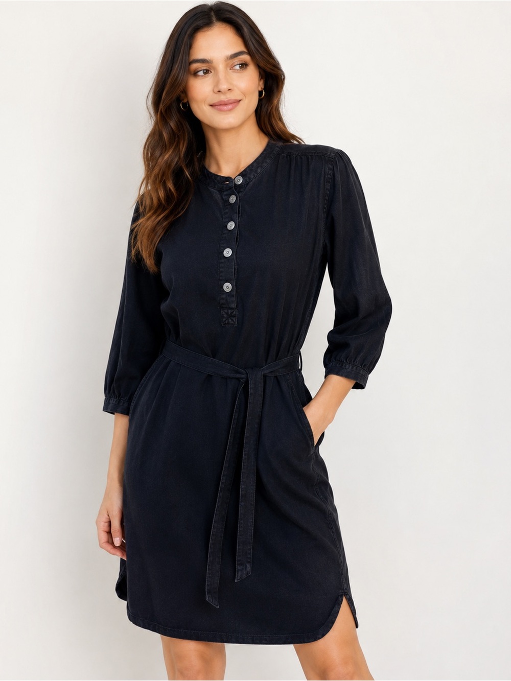 GAP Denim Black Tencel Lyocell Belted Shirt Dress Size L - Picture 1 of 8